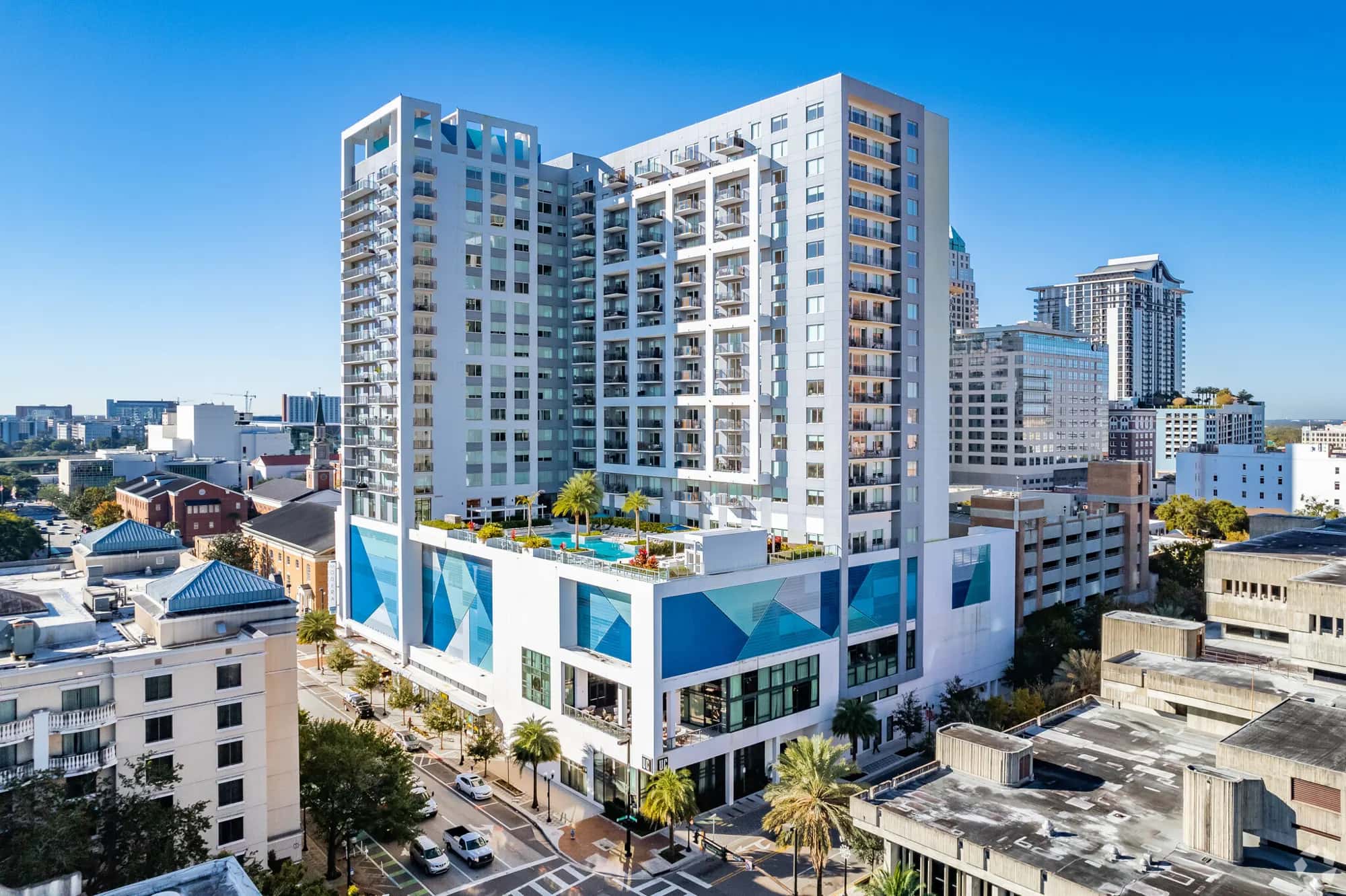 Mondrian Lake Eola, a high-rise multifamily community with a rooftop pool